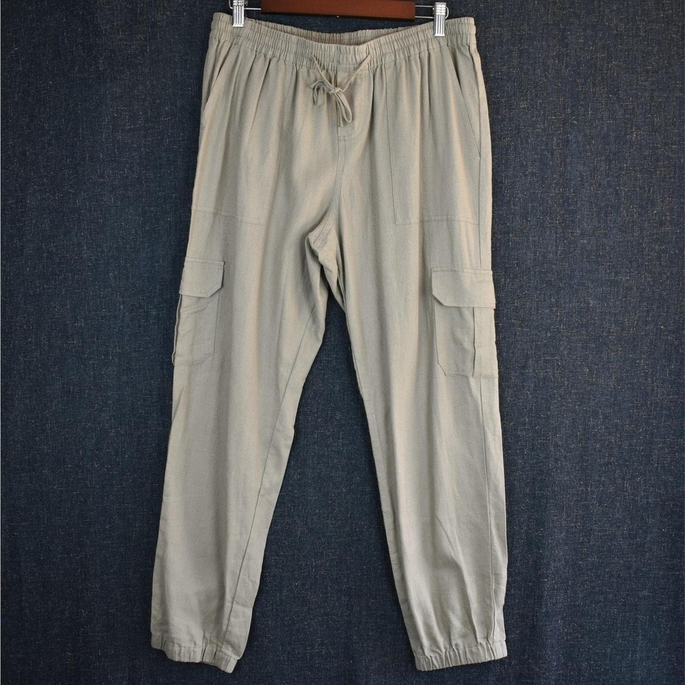 Linen Cargo Pants Women Large Tan Beige Joggers Utility Pants Elastic Waist L